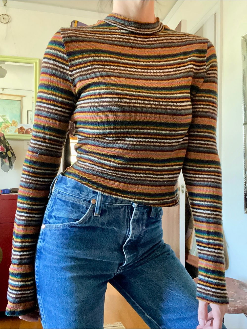 Vintage 70s Striped Long-Sleeve Mock Neck Top